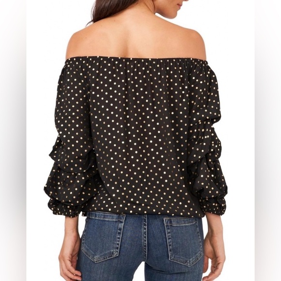 Vince Camuto Black and Gold Foil Polka Dot Blouse Ruffle Sleeves NEW with Tags - Picture 3 of 5